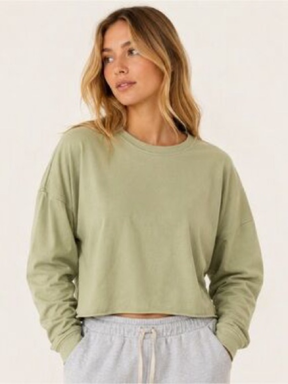 Knix Sz XL Good To Go Cropped Crew Neck Sage Green Relaxed Sweater